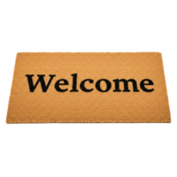 A tan welcome doormat with black text on a transparent background png