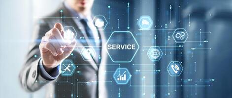 Businessman presses a button Sevice. Technical Support Customer Business Technology Internet Concept photo