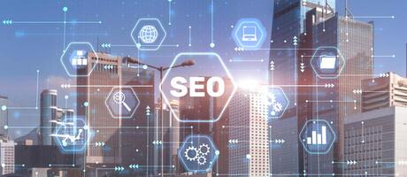 SEO. Search Engine optimization. Picture for presentation. City background photo