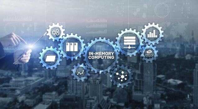 In Memory Computing high performance distributed systems on modern city background. photo