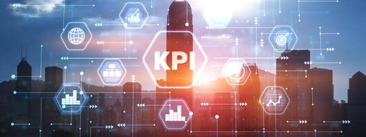 Key Performance Indicator KPI using Business Intelligence BI on city background photo
