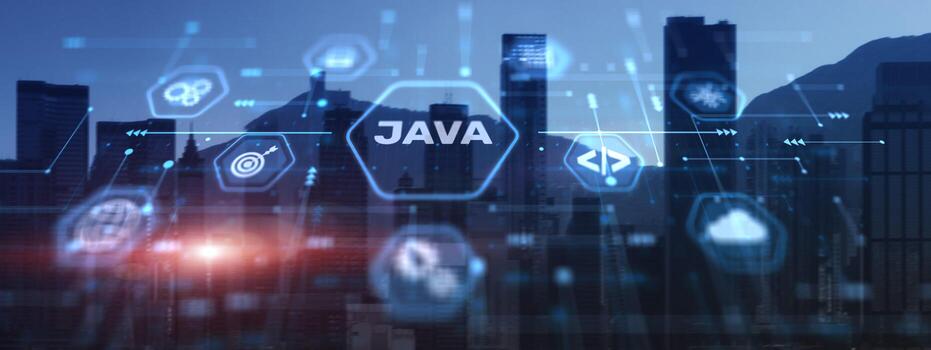 Java programming language application concept on city background photo