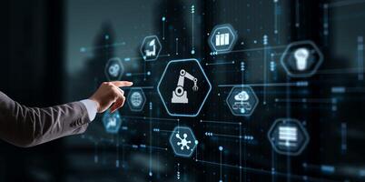 Hand pressing butto RPA icon Robotic Process Automation system. Artificial intelligence concept photo