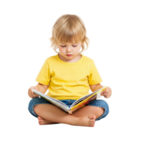 Young child engrossed in reading an open book while sitting cross legged png
