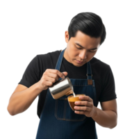 Barista carefully pours milk into espresso creating latte art png