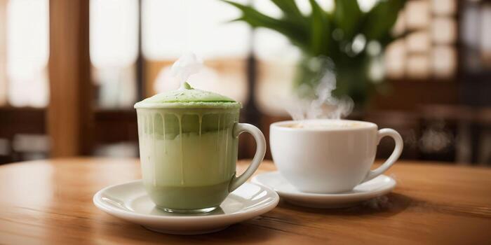 Matcha latte and regular latte served side by side in uniquely shaped cups, showcasing a visual contrast of color and form in a cozy cafe setting. photo