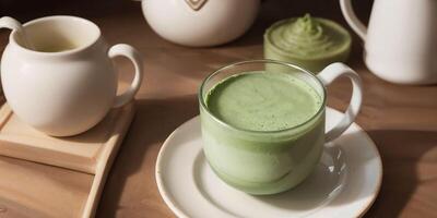 A vibrant matcha latte with a traditional tea set and matcha powder, showcasing the art of preparation. A healthy and mindful start to the day. photo