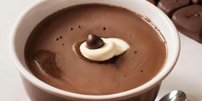 A rich and creamy chocolate dessert topped with whipped cream and chocolate shavings, presented in a glass dish. This indulgent treat is perfect for gourmet menus and dessert lovers. photo