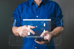 man touch command prompt ai chat bot. Big data storage.Digital Artificial Intelligence technology disruption concept. use AI to generate management service technology support in the business. photo