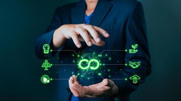 person hold icon to save energy,and reduce global warming,climate change,ecology friendly investment,ESG environment social governance,Green Business Innovation and Sustainable Development concept photo