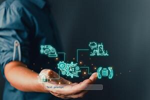 man holding smart AI chatbot and text prompt.Big data storage.Digital Artificial Intelligence technology disruption concept.We are implementing automated tech support and service in the business. photo