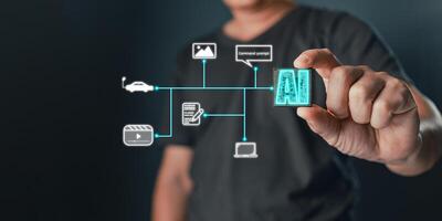 artificial intelligence generate technology concept. a person uses AI chip tech big data business process strategy, and smart customer service management. Digital transformation change management. photo