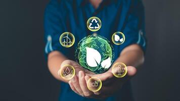 The image showcases a green planet surrounded by icons of sustainable development, highlighting environmental awareness, green energy, and the importance of recycle practices for a better future. photo