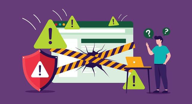 un hombre es en pie en frente de un computadora con un ordenador portátil y un firmar ese dice, ' vector