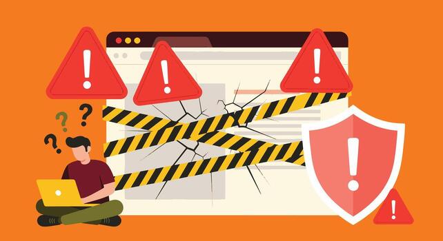 un hombre sentado en el piso con un ordenador portátil y un computadora pantalla con un advertencia firmar vector