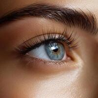 Closeup of an Eye with Long Lashes and Defined Eyebrow. photo