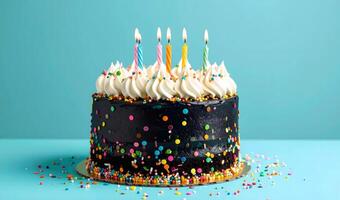 Black birthday cake topped with white whipped cream rainbow sprinkles and colorful lit candles on teal background. Perfect for fun and festive kids celebrations. photo