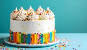 Colorful birthday cake with whipped cream topping and rainbow sprinkles, decorated with vibrant icing on a white plate over teal background with copy space. Fun and festive for kids' celebrations. photo