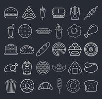 Fast food outline pictograms collection. Burger, pizza, french fries, drinks, fried chicken, donut, popcorn, chocolate bar, nuggets, sandwich and other meal items icon set art. vector