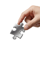 Hand holding silver puzzle piece isolated on transparent background, teamwork concept, problem-solving, connection, missing part, jigsaw png