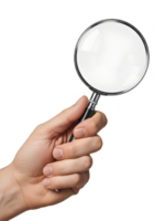 Hand holding magnifying glass, clear lens and metal handle, isolated on transparent background, inspection tool, detective concept, search and analysis png