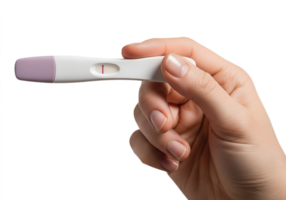 Negative pregnancy test held in hand on transparent background, single-use test strip, not pregnant result, fertility awareness png
