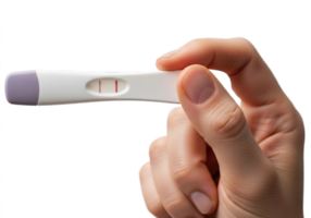 Positive pregnancy test held in hand on transparent background, clear result visible, motherhood, family planning, home test, fertility concept png