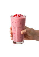 Hand holding refreshing strawberry smoothie in clear cup, healthy drink with fresh fruit, isolated on transparent background, summer beverage png