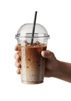 Hand holding refreshing iced coffee in plastic cup, condensation on the surface, isolated on transparent background, cold beverage, summer drink, takeout cup png