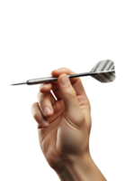 Hand holding dart ready to throw, isolated on transparent background, target game concept, sharp metal tip, competitive sport, leisure activity png