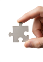 Hand holding single puzzle piece symbolizing completion and problem-solving, teamwork concept, isolated on transparent background png