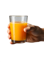 Hand holding glass of fresh orange juice on transparent background, citrus drink, healthy breakfast beverage, cold refreshment, morning vitamin c, natural juice png