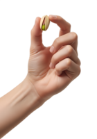 Hand holding single pistachio nut isolated on transparent background, healthy snack, natural food, shelled nut, nutrition and diet concept png