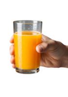 Hand holding glass of fresh orange juice, natural beverage, healthy drink, isolated on transparent background, vitamin c png