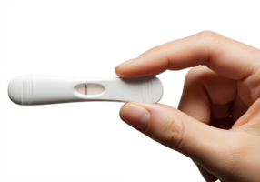 Negative pregnancy test held in hand, no pregnancy result visible, isolated on transparent background, fertility test, disappointment concept png