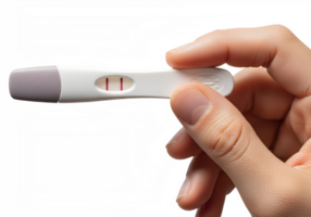 Positive pregnancy test held in hand, isolated on transparent background, motherhood concept, home test, family planning png