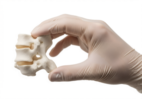 Hand holding model of spine vertebra, chiropractic and anatomy concept, isolated on transparent background, skeletal structure, medical study png