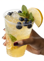 Refreshing blueberry lemonade cocktail in plastic cup isolated on transparent background, summer drink, fruity beverage, ice cubes png