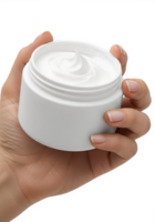 Hand holding jar of white skin care cream, beauty and moisturizing product, isolated on transparent background, cosmetic routine, hydration png
