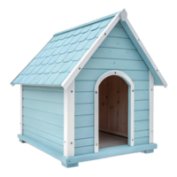 Cute blue dog house with white trim and tiled roof, isolated on transparent background, pet shelter design, playful animal home png