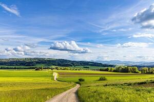 Path in a valley with meadows, fields, forest and farms against a cloudy sky photo