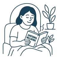 Female Character Reading Emotional Wellbeing Book on Cozy Chair in Line Art Style for Self-Care and Mental Health Education Illustration vector