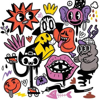 Colorful and playful cartoon characters with various expressions and shapes create vibrant vector