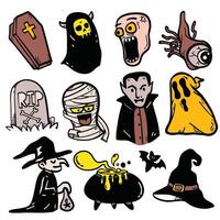 Creepy Halloween icons including ghosts, monsters, and spooky elements create atmosphere vector