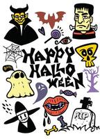 Happy Halloween with spooky icons like ghosts, bats, and monsters, creating festive atmosphere vector