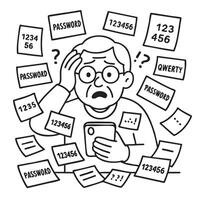 Frustrated person surrounded by notes with passwords and numbers, struggling to remember them vector