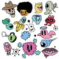 Colorful cartoon characters and playful designs featuring various shapes and expressions evoke vector