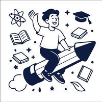 Coloring line art of joyful boy riding pencil rocket surrounded by books and symbols of learning vector