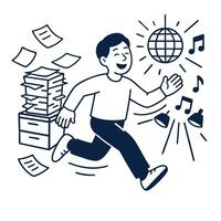 Running man with papers and music notes, showcasing lively atmosphere of creativity and fun vector