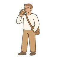 Young man enjoys warm beverage while standing casually, exuding relaxed vibe vector